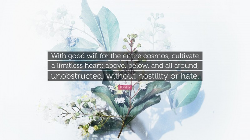 Buddha Quote: “With good will for the entire cosmos, cultivate a limitless heart: above, below, and all around, unobstructed, without hostility or hate.”