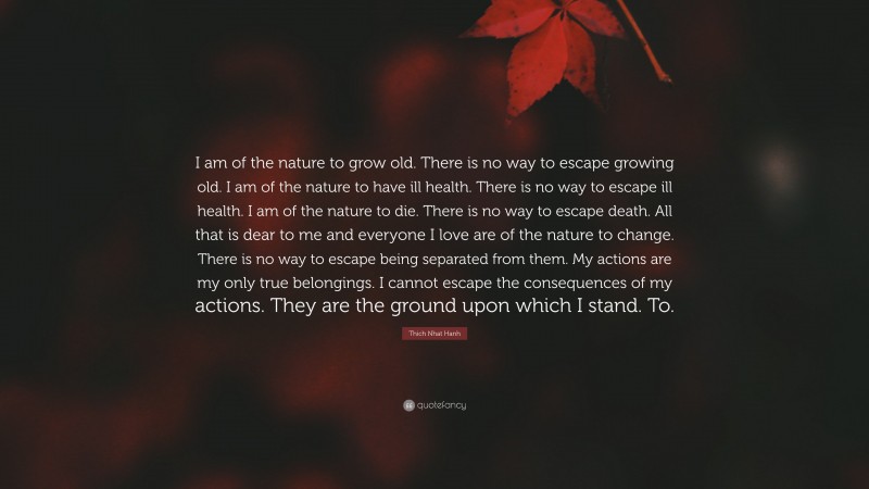 Thich Nhat Hanh Quote: “I am of the nature to grow old. There is no way to escape growing old. I am of the nature to have ill health. There is no way to escape ill health. I am of the nature to die. There is no way to escape death. All that is dear to me and everyone I love are of the nature to change. There is no way to escape being separated from them. My actions are my only true belongings. I cannot escape the consequences of my actions. They are the ground upon which I stand. To.”