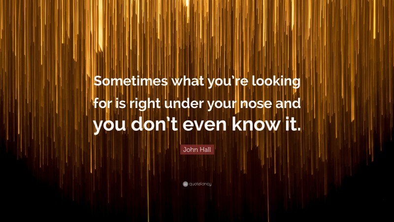 John Hall Quote: “Sometimes what you’re looking for is right under your nose and you don’t even know it.”