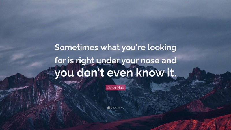 John Hall Quote: “Sometimes what you’re looking for is right under your nose and you don’t even know it.”