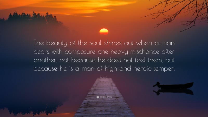 Aristotle Quote: “The beauty of the soul shines out when a man bears with composure one heavy mischance after another, not because he does not feel them, but because he is a man of high and heroic temper.”