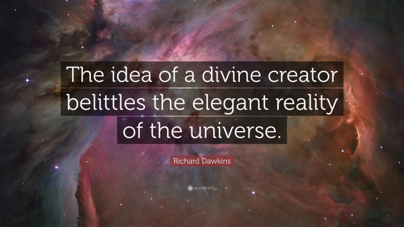 Richard Dawkins Quote: “The idea of a divine creator belittles the elegant reality of the universe.”