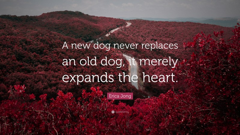 Erica Jong Quote: “A new dog never replaces an old dog, it merely expands the heart.”