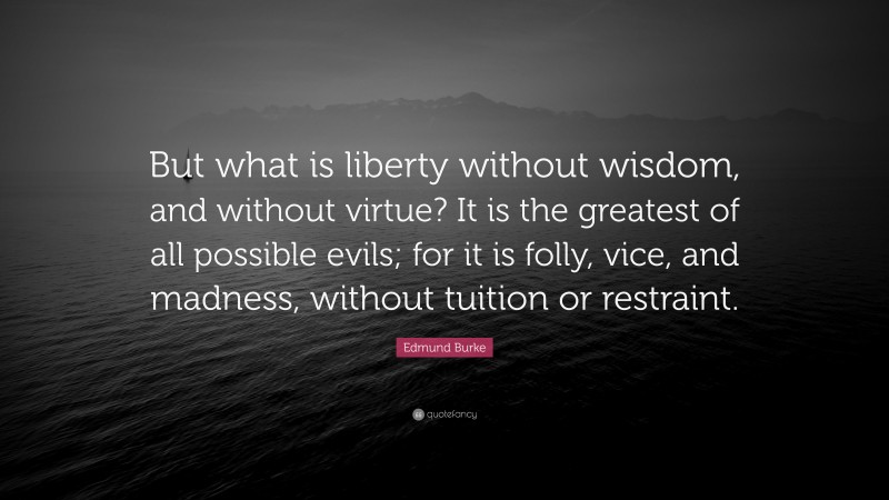 Edmund Burke Quote: “But what is liberty without wisdom, and without virtue? It is the greatest of all possible evils; for it is folly, vice, and madness, without tuition or restraint.”