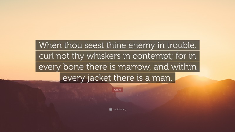 Saadi Quote: “When thou seest thine enemy in trouble, curl not thy whiskers in contempt; for in every bone there is marrow, and within every jacket there is a man.”