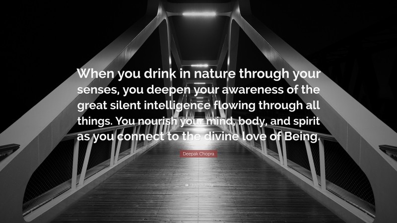 Deepak Chopra Quote: “When you drink in nature through your senses, you deepen your awareness of the great silent intelligence flowing through all things. You nourish your mind, body, and spirit as you connect to the divine love of Being.”