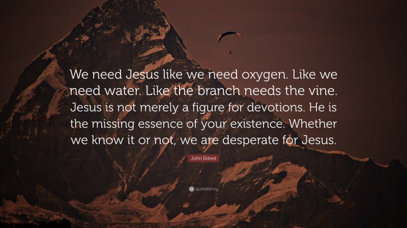 John Eldred Quote: “We need Jesus like we need oxygen. Like we need water. Like the branch needs the vine. Jesus is not merely a figure for devotions. He is the missing essence of your existence. Whether we know it or not, we are desperate for Jesus.”