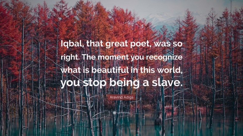 Aravind Adiga Quote: “Iqbal, that great poet, was so right. The moment you recognize what is beautiful in this world, you stop being a slave.”