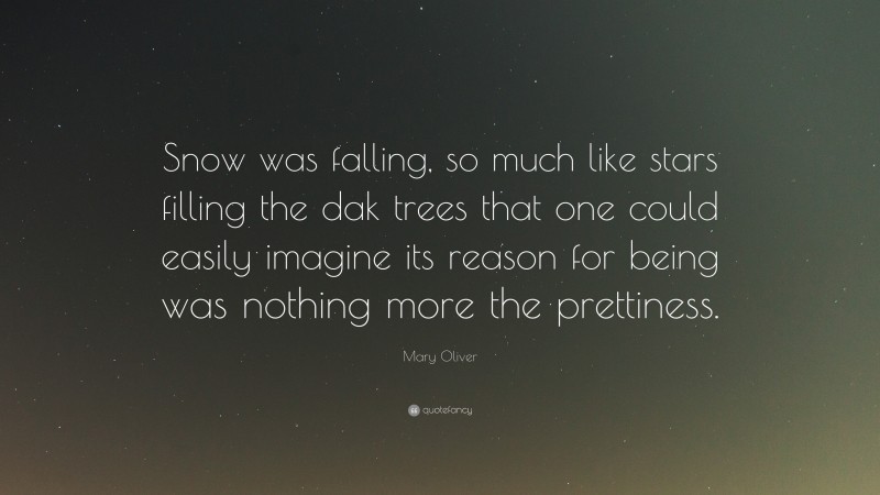 Mary Oliver Quote: “Snow was falling, so much like stars filling the dak trees that one could easily imagine its reason for being was nothing more the prettiness.”
