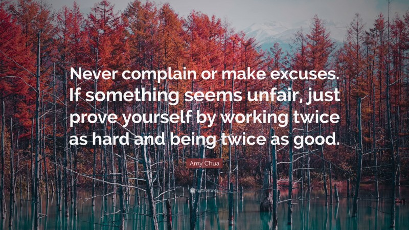 Amy Chua Quote: “Never complain or make excuses. If something seems unfair, just prove yourself by working twice as hard and being twice as good.”