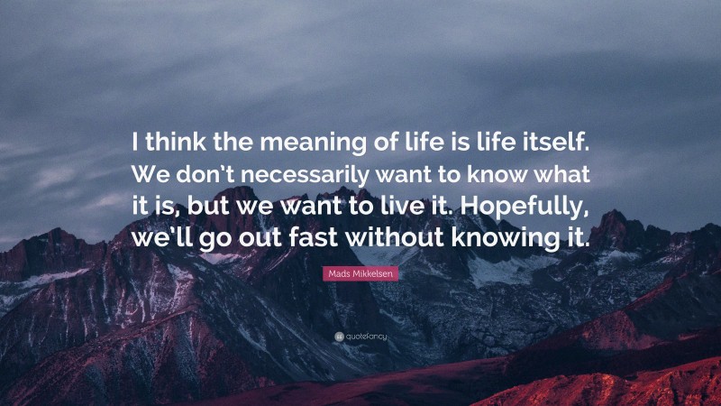 Mads Mikkelsen Quote: “I think the meaning of life is life itself. We don’t necessarily want to know what it is, but we want to live it. Hopefully, we’ll go out fast without knowing it.”