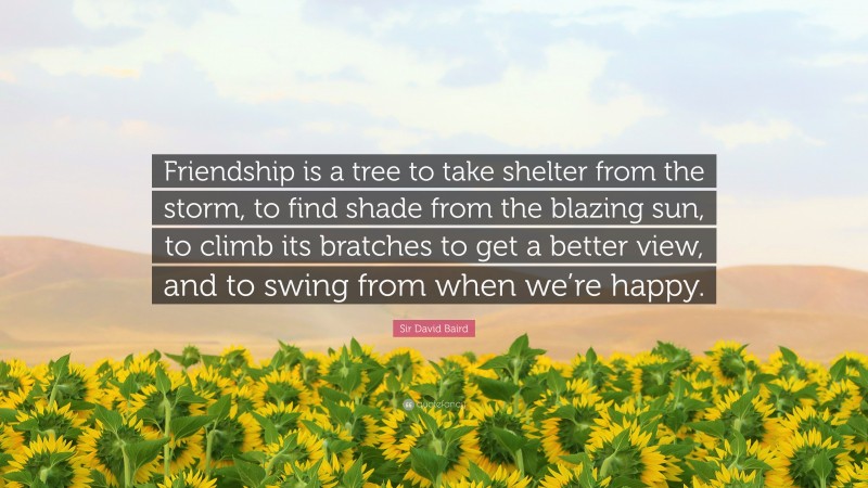 Sir David Baird Quote: “Friendship is a tree to take shelter from the storm, to find shade from the blazing sun, to climb its bratches to get a better view, and to swing from when we’re happy.”