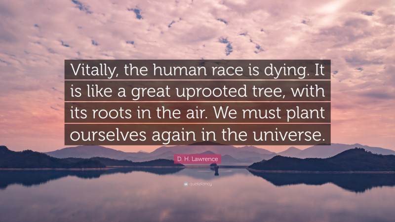 D. H. Lawrence Quote: “Vitally, the human race is dying. It is like a great uprooted tree, with its roots in the air. We must plant ourselves again in the universe.”