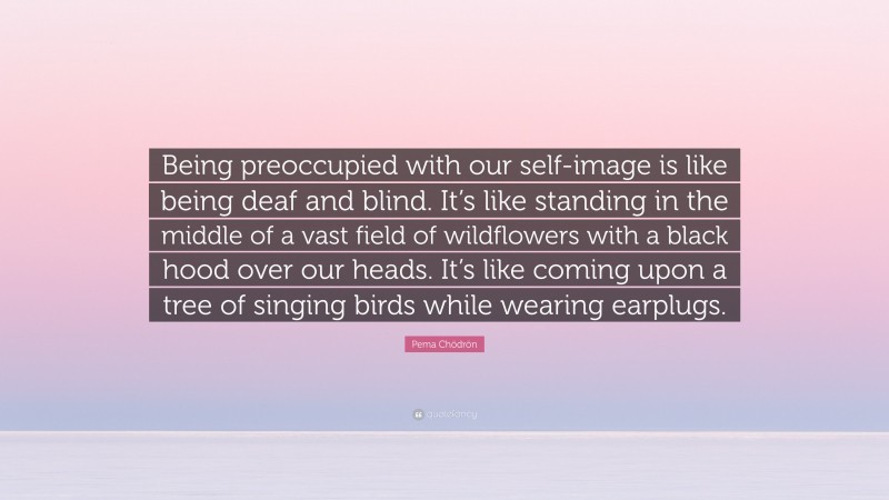 Pema Chödrön Quote: “Being preoccupied with our self-image is like being deaf and blind. It’s like standing in the middle of a vast field of wildflowers with a black hood over our heads. It’s like coming upon a tree of singing birds while wearing earplugs.”