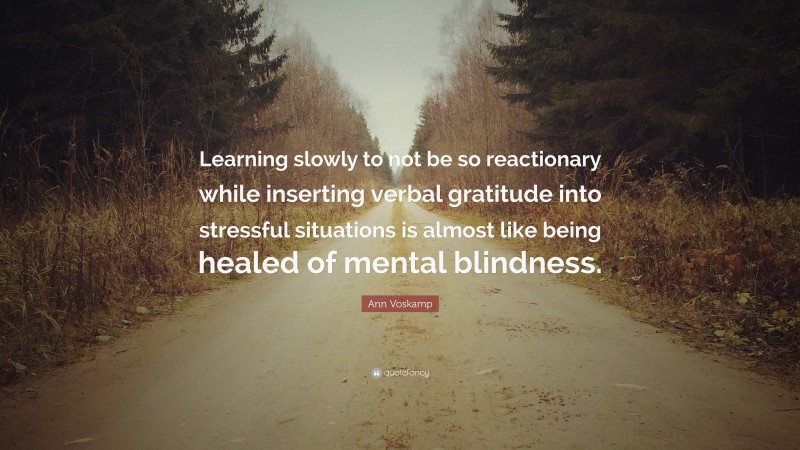 Ann Voskamp Quote: “Learning slowly to not be so reactionary while inserting verbal gratitude into stressful situations is almost like being healed of mental blindness.”