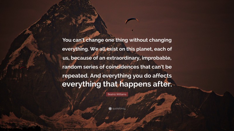 Beatriz Williams Quote: “You can’t change one thing without changing everything. We all exist on this planet, each of us, because of an extraordinary, improbable, random series of coincidences that can’t be repeated. And everything you do affects everything that happens after.”