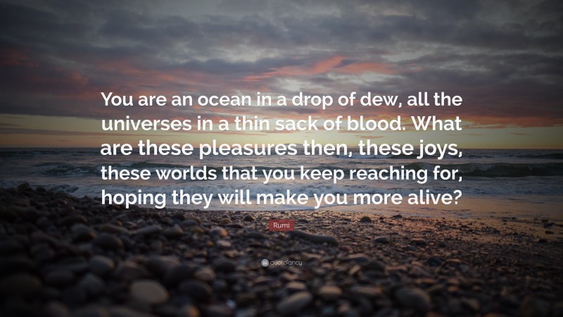 Rumi Quote: “You are an ocean in a drop of dew, all the universes in a thin sack of blood. What are these pleasures then, these joys, these worlds that you keep reaching for, hoping they will make you more alive?”