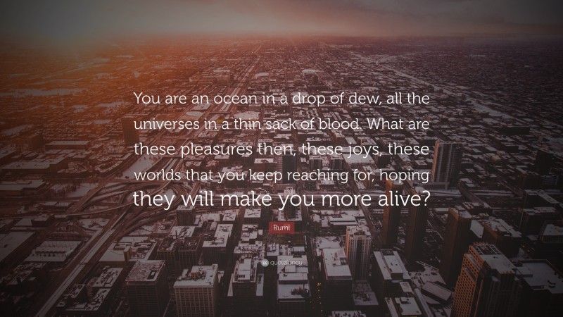 Rumi Quote: “You are an ocean in a drop of dew, all the universes in a thin sack of blood. What are these pleasures then, these joys, these worlds that you keep reaching for, hoping they will make you more alive?”