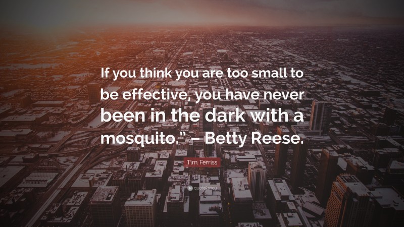 Tim Ferriss Quote: “If you think you are too small to be effective, you have never been in the dark with a mosquito.” – Betty Reese.”