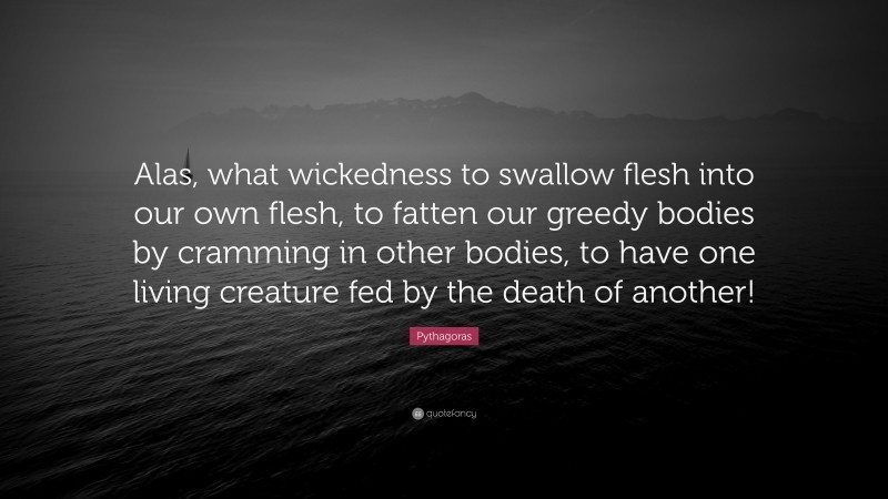 Pythagoras Quote: “Alas, what wickedness to swallow flesh into our own flesh, to fatten our greedy bodies by cramming in other bodies, to have one living creature fed by the death of another!”