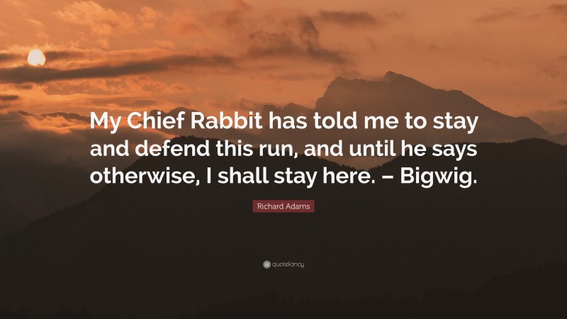 Richard Adams Quote: “My Chief Rabbit has told me to stay and defend this run, and until he says otherwise, I shall stay here. – Bigwig.”