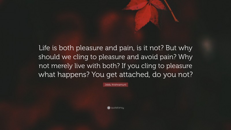 Jiddu Krishnamurti Quote: “Life is both pleasure and pain, is it not? But why should we cling to pleasure and avoid pain? Why not merely live with both? If you cling to pleasure what happens? You get attached, do you not?”