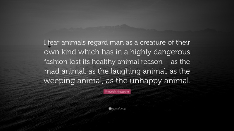 Friedrich Nietzsche Quote: “I fear animals regard man as a creature of their own kind which has in a highly dangerous fashion lost its healthy animal reason – as the mad animal, as the laughing animal, as the weeping animal, as the unhappy animal.”