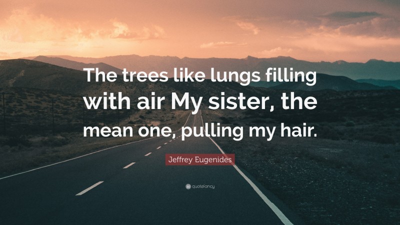 Jeffrey Eugenides Quote: “The trees like lungs filling with air My sister, the mean one, pulling my hair.”