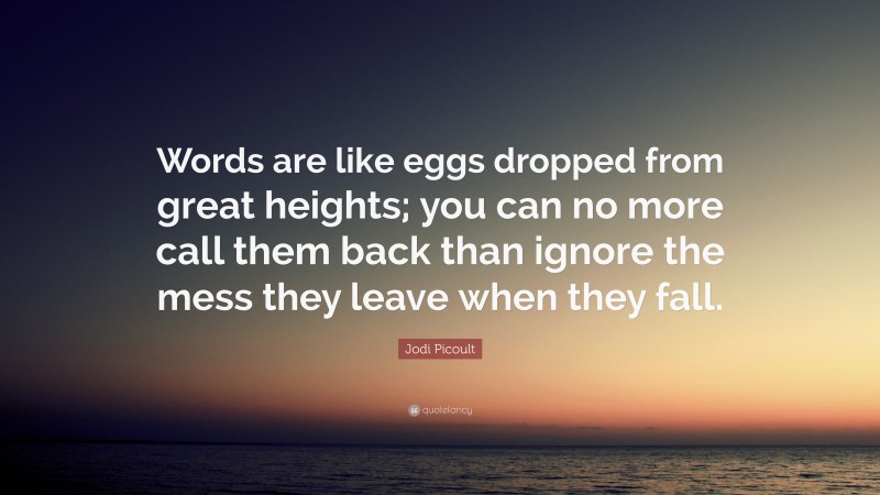 Jodi Picoult Quote: “Words are like eggs dropped from great heights; you can no more call them back than ignore the mess they leave when they fall.”