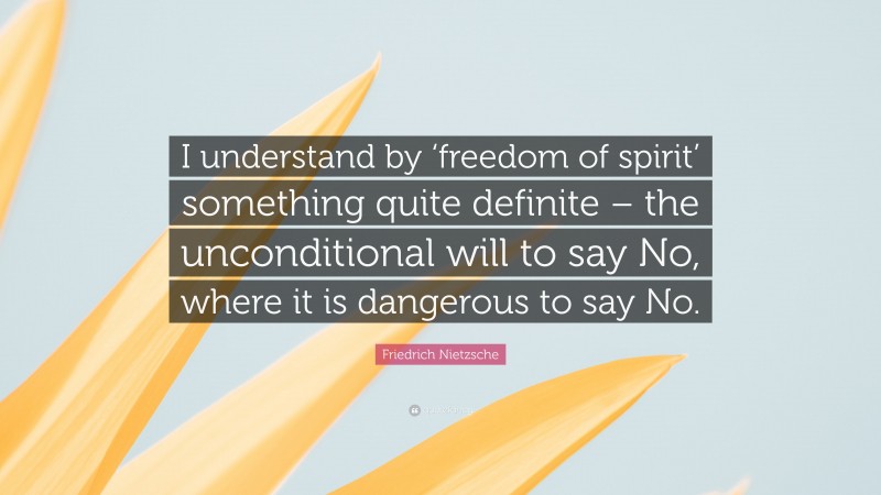 Friedrich Nietzsche Quote: “I understand by ‘freedom of spirit’ something quite definite – the unconditional will to say No, where it is dangerous to say No.”