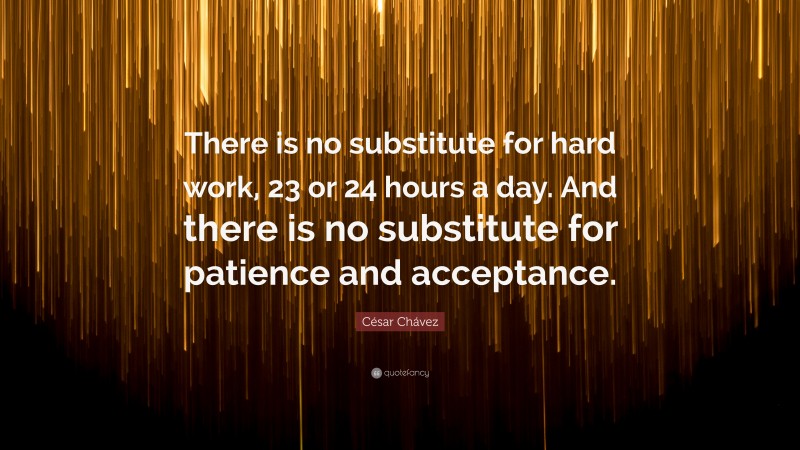 César Chávez Quote: “There is no substitute for hard work, 23 or 24 hours a day. And there is no substitute for patience and acceptance.”