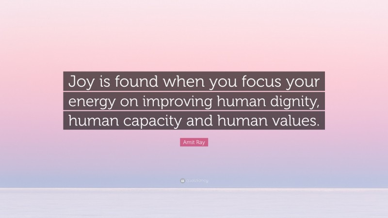 Amit Ray Quote: “Joy is found when you focus your energy on improving human dignity, human capacity and human values.”