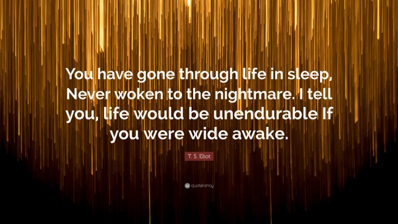 T. S. Eliot Quote: “You have gone through life in sleep, Never woken to the nightmare. I tell you, life would be unendurable If you were wide awake.”