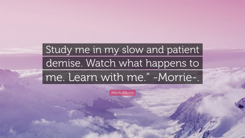 Mitch Albom Quote: “Study me in my slow and patient demise. Watch what happens to me. Learn with me.” -Morrie-.”