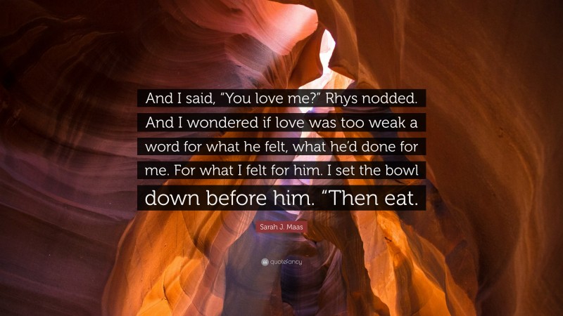 Sarah J. Maas Quote: “And I said, “You love me?” Rhys nodded. And I wondered if love was too weak a word for what he felt, what he’d done for me. For what I felt for him. I set the bowl down before him. “Then eat.”