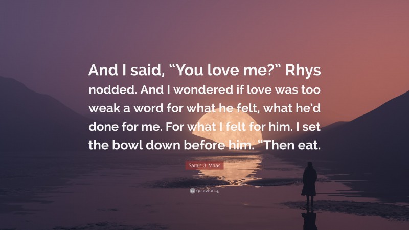 Sarah J. Maas Quote: “And I said, “You love me?” Rhys nodded. And I wondered if love was too weak a word for what he felt, what he’d done for me. For what I felt for him. I set the bowl down before him. “Then eat.”