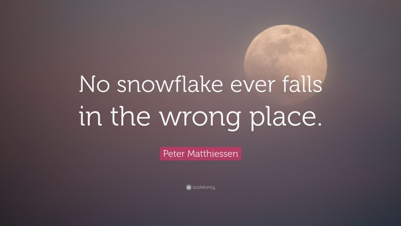 Peter Matthiessen Quote: “No snowflake ever falls in the wrong place.”