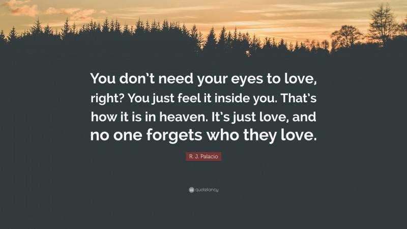 R. J. Palacio Quote: “You don’t need your eyes to love, right? You just feel it inside you. That’s how it is in heaven. It’s just love, and no one forgets who they love.”