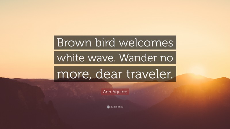 Ann Aguirre Quote: “Brown bird welcomes white wave. Wander no more, dear traveler.”