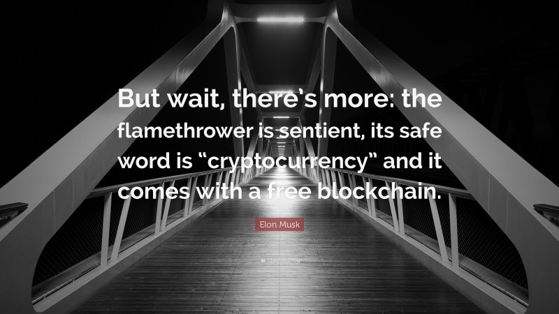 Elon Musk Quote: “But wait, there’s more: the flamethrower is sentient, its safe word is “cryptocurrency” and it comes with a free blockchain.”