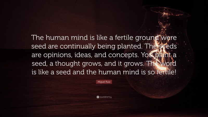 Miguel Ruiz Quote: “The human mind is like a fertile ground were seed are continually being planted. The seeds are opinions, ideas, and concepts. You plant a seed, a thought grows, and it grows. The word is like a seed and the human mind is so fertile!”