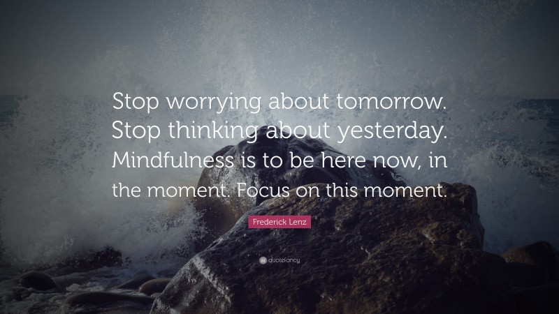 Frederick Lenz Quote: “Stop worrying about tomorrow. Stop thinking about yesterday. Mindfulness is to be here now, in the moment. Focus on this moment.”