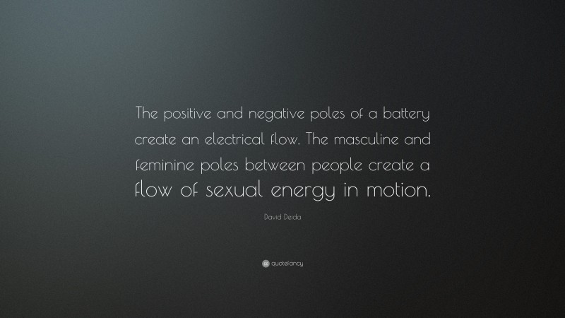 David Deida Quote: “The positive and negative poles of a battery create an electrical flow. The masculine and feminine poles between people create a flow of sexual energy in motion.”