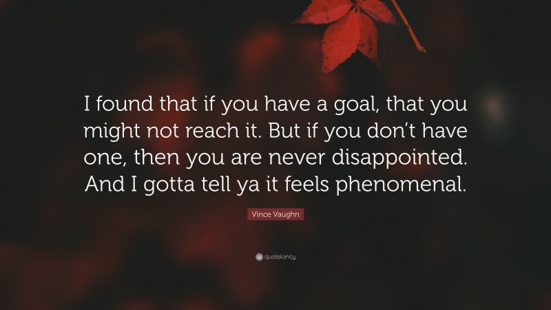 Vince Vaughn Quote: “I found that if you have a goal, that you might not reach it. But if you don’t have one, then you are never disappointed. And I gotta tell ya it feels phenomenal.”