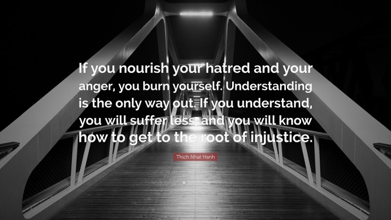 Thich Nhat Hanh Quote: “If you nourish your hatred and your anger, you burn yourself. Understanding is the only way out. If you understand, you will suffer less, and you will know how to get to the root of injustice.”