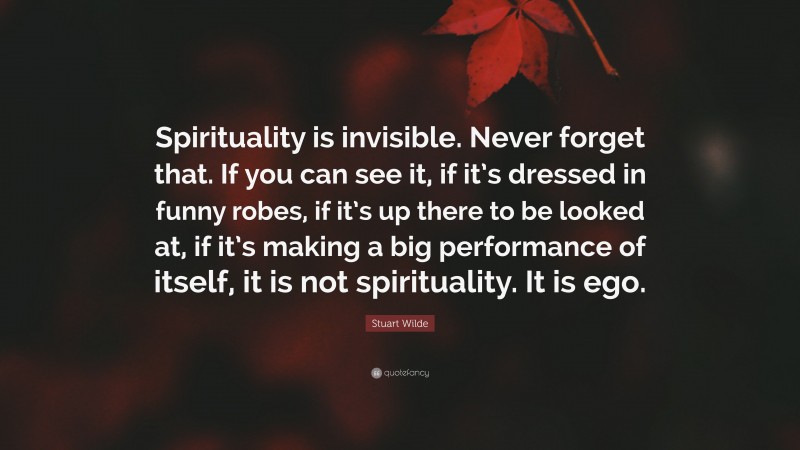 Stuart Wilde Quote: “Spirituality is invisible. Never forget that. If you can see it, if it’s dressed in funny robes, if it’s up there to be looked at, if it’s making a big performance of itself, it is not spirituality. It is ego.”