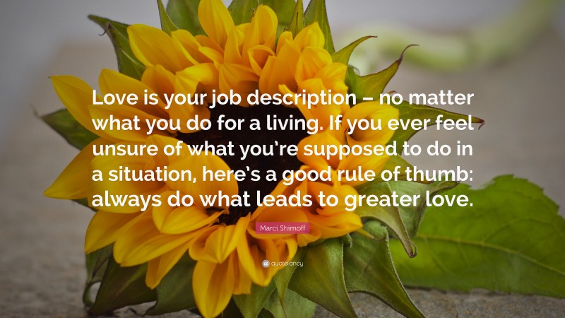 Marci Shimoff Quote: “Love is your job description – no matter what you do for a living. If you ever feel unsure of what you’re supposed to do in a situation, here’s a good rule of thumb: always do what leads to greater love.”