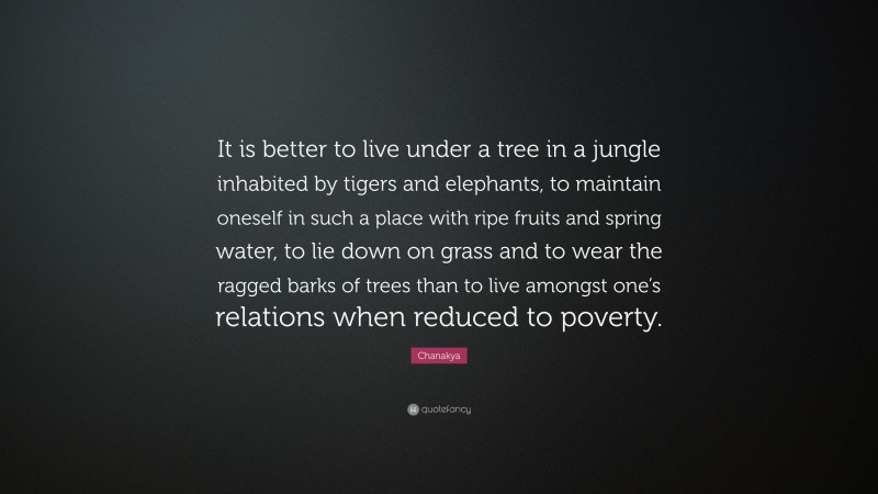 Chanakya Quote: “It is better to live under a tree in a jungle inhabited by tigers and elephants, to maintain oneself in such a place with ripe fruits and spring water, to lie down on grass and to wear the ragged barks of trees than to live amongst one’s relations when reduced to poverty.”