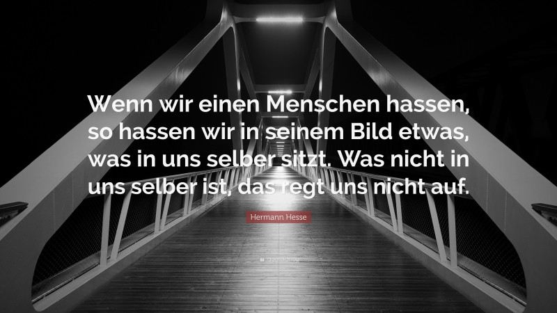Hermann Hesse Quote: “Wenn wir einen Menschen hassen, so hassen wir in seinem Bild etwas, was in uns selber sitzt. Was nicht in uns selber ist, das regt uns nicht auf.”