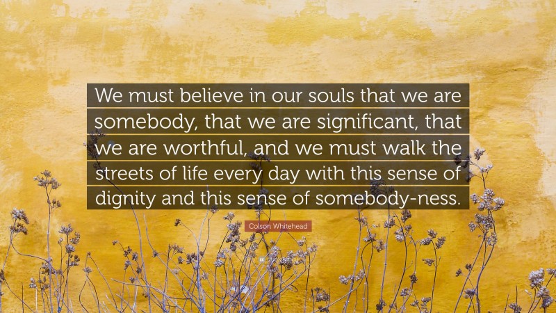 Colson Whitehead Quote: “We must believe in our souls that we are somebody, that we are significant, that we are worthful, and we must walk the streets of life every day with this sense of dignity and this sense of somebody-ness.”